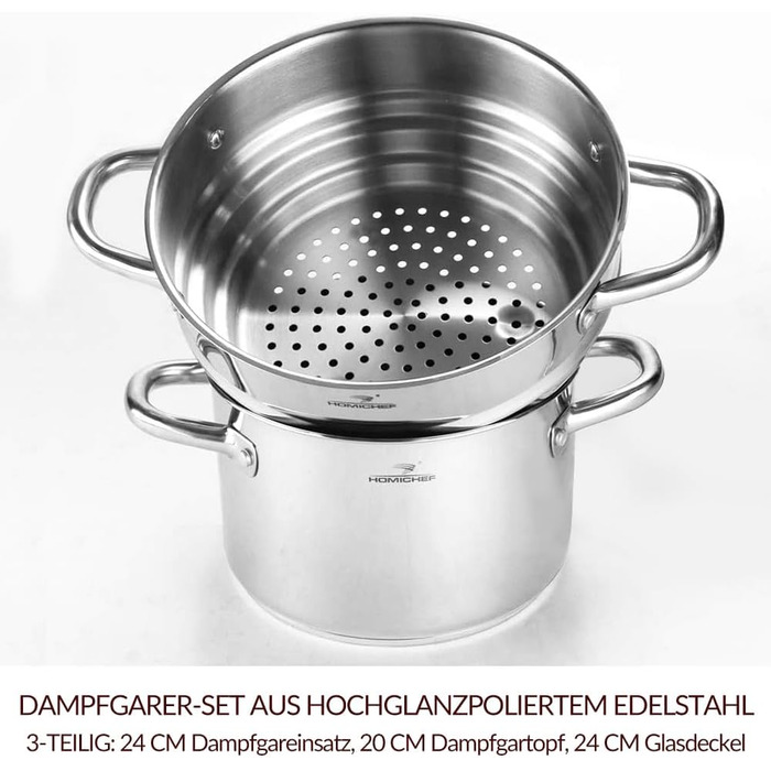 Пароварка HOMICHEF 3-в-1 з нержавіючої сталі, 24 см, без нікелю, з кришкою – набір для приготування овочів на пару, здорове харчування