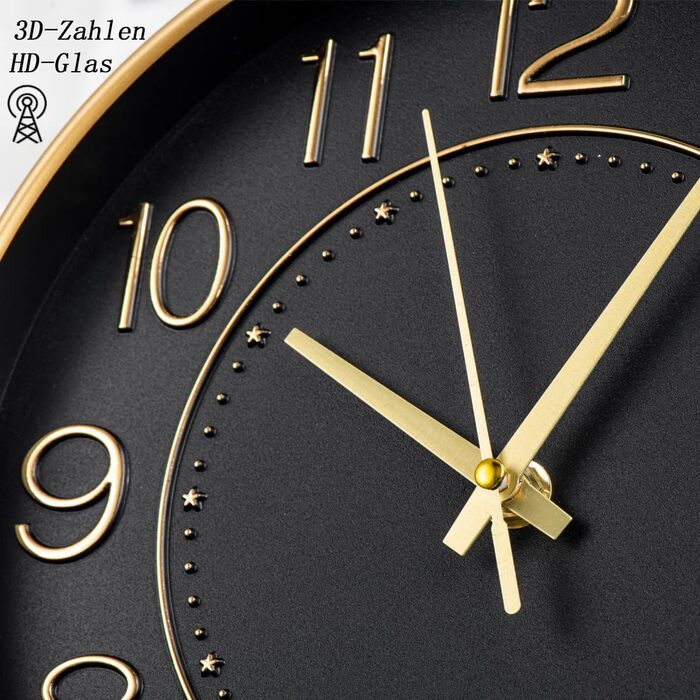 HZDHCLH Funk Wall Clock Silent No Ticking 25 cm Easy-to-Read Clock for Kitchen, Living Room, Bedroom, Bathroom, Home Office (Black Gold)
