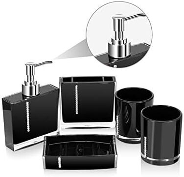 5-Piece Bathroom Accessories Set, Bathroom Dispenser Set includes lotion bottle, toothbrush holder, tray, 2 rinsing cups (black)