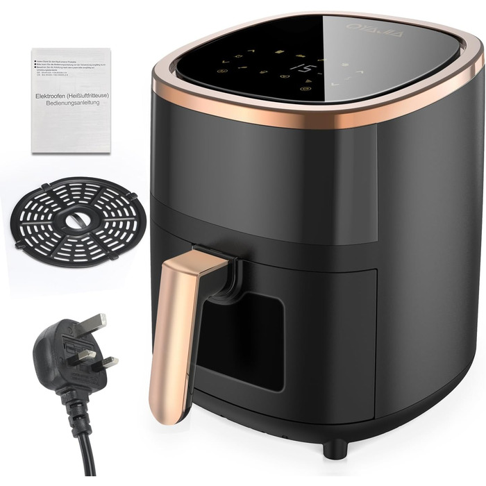 Фритюрниця повітряна 6L з 8 програмами, Rapid Air, сенсорний екран, вікно, 200°C, 1200W, для миття в посудомийній машині, без олії, гриль, випічка, запікання (Білий) (Чорний)