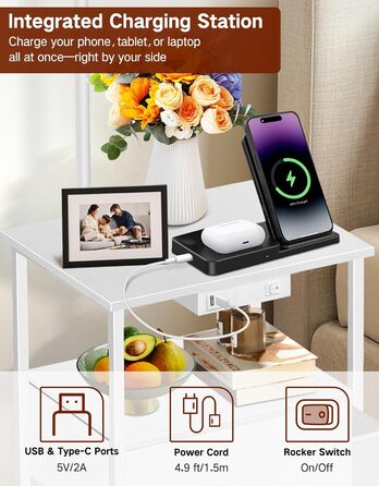 Стійка лампа для вітальні з поличкою та столиком, диммування LED, пульт керування, 3 колірні температури, приліжний столик з підзарядкою, дерев'яний столик для спальні/офісу (білий з шухлядами)