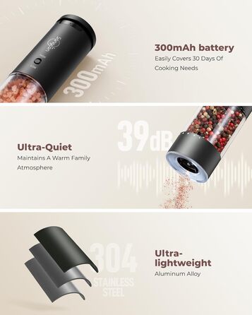 Sangcon Electric Salt and Pepper Grinder, 2 Speed Settings, 6 Grind Settings, Automatic Pepper Grinder with USB Charging Station, One-Handed Grinding (Space Grey)