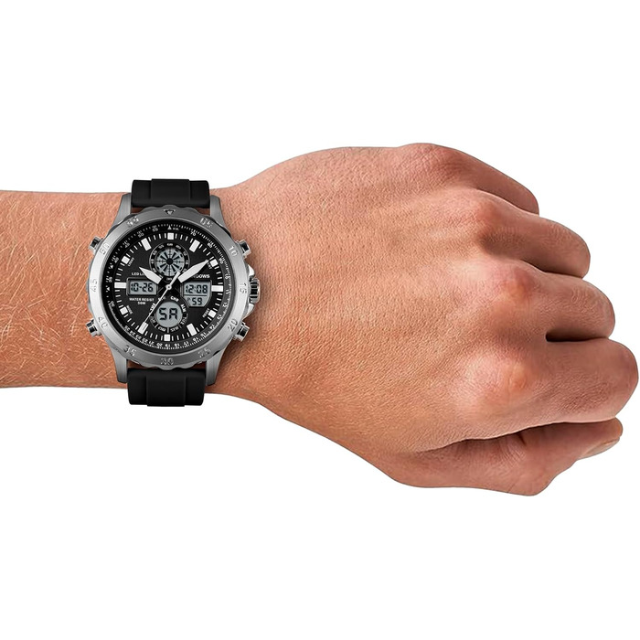 Годинник PINDOWS для чоловіків: водонепроникні спортивні годинники (аналогові/цифрові), багатофункціональні, міцні, з LED-підсвічуванням, будильником, секундоміром (чорний/сріблястий)