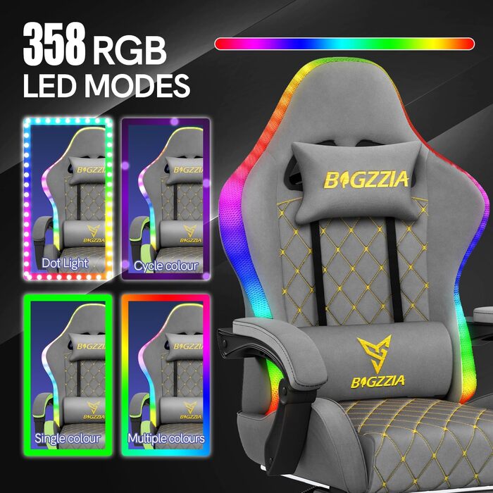 Ігрове крісло Bigzzia з LED-підсвіткою, ергономічний геймерський стілець з екошкіри (PU), сірий