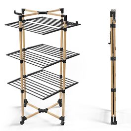 Сушарка для білизни VOUNOT вежа 3-ярусна, складана, на колесах, біла (чорна) - 25м, імітація дерева