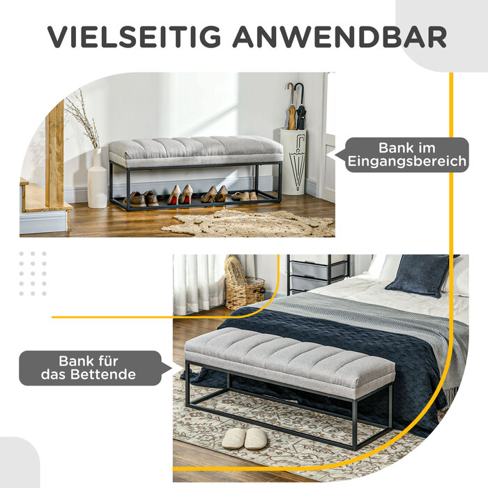 HOMCOM Bench with Linen Look Upholstered Bench for Bedroom, Bed Bench, Dressing Bench up to 200 kg, Steel, Light Grey, 120x44x45.5 cm