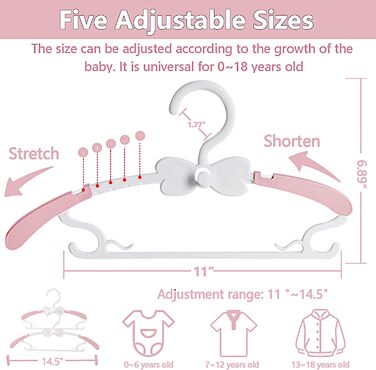 Дитячі вішалки для одягу, 20 шт., 29-37 см, рожеві. Зростаючі вішалки для дітей з кріпленням для штанів. Економія місця, неслизький пластик.