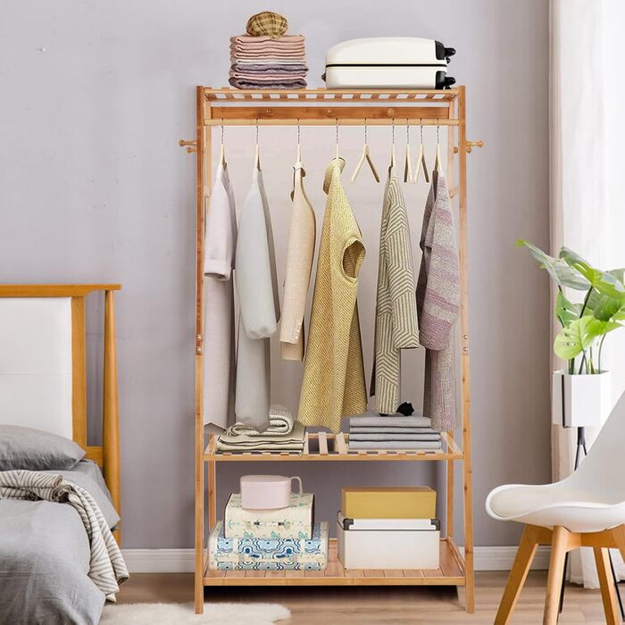 Bamboo Coat Rack, Clothes Rack with 3 Shelves and 10 Hooks, Clothes Rail, for Hallway, Living Room and Office, 80x43.5x165cm