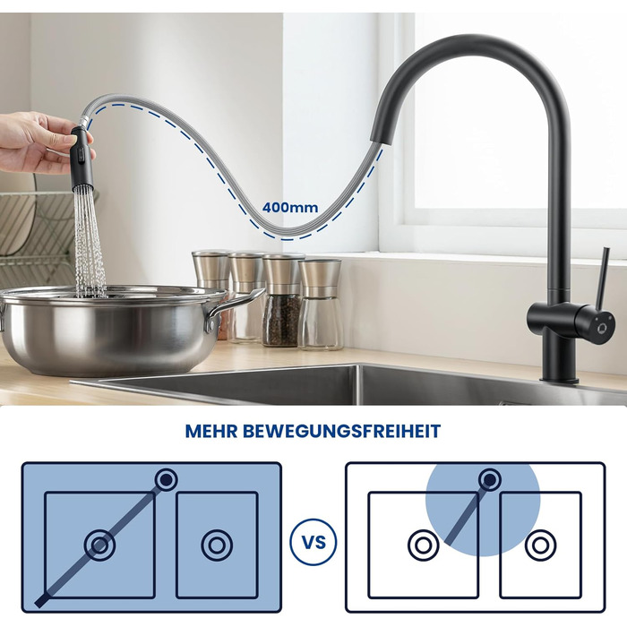 Чорний кухонний змішувач CECIPA SOFETIY SERIE з висувною лійкою, 360° поворот, нержавіюча сталь, 2 режими струменя