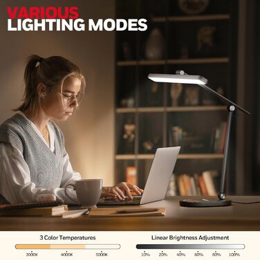 Настільна LED лампа Honeywell H4 Sunturalux - Офісна лампа з диммером, 3 режими кольору, 5 рівнів яскравості, таймер, сенсорне управління, сірий (чорний)