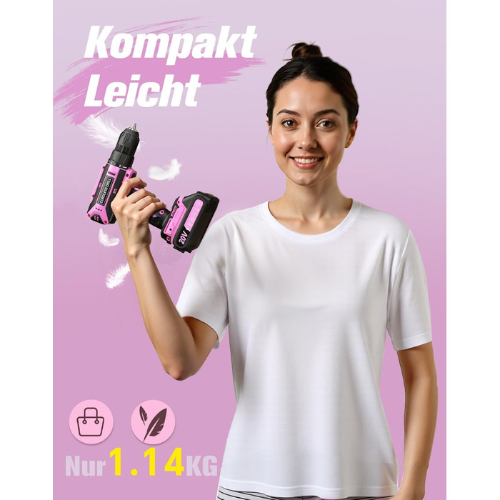 Акумуляторний шурупокрут-дрель 20V, 56 шт. у наборі, 42Nm, LED-підсвітка, рожевий, для дому та майстерні