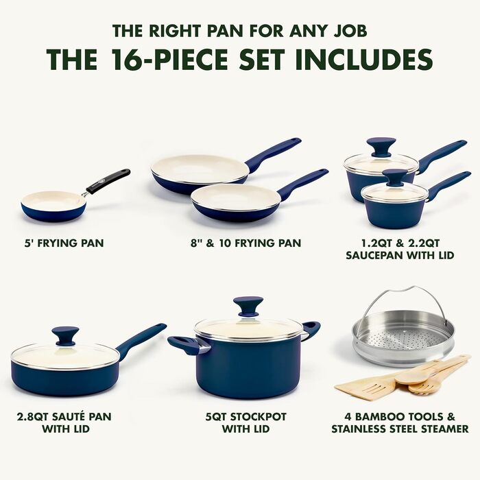 GreenPan Rio 16-Piece Cookware Set, PFOA and PFAS-Free, Healthy Ceramic Non-Stick Coating, Dishwasher Safe, Easy to Clean, Durable Performance, Blue