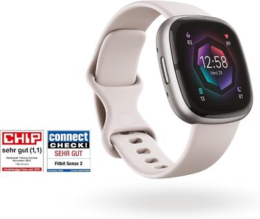 Фітнес-годинник Fitbit Sense 2 – розумний годинник для чоловіків та жінок з GPS, EKG та аналізом сну – сумісний з Android/iOS (Колір: Місячний сірий / Алюміній Платина)