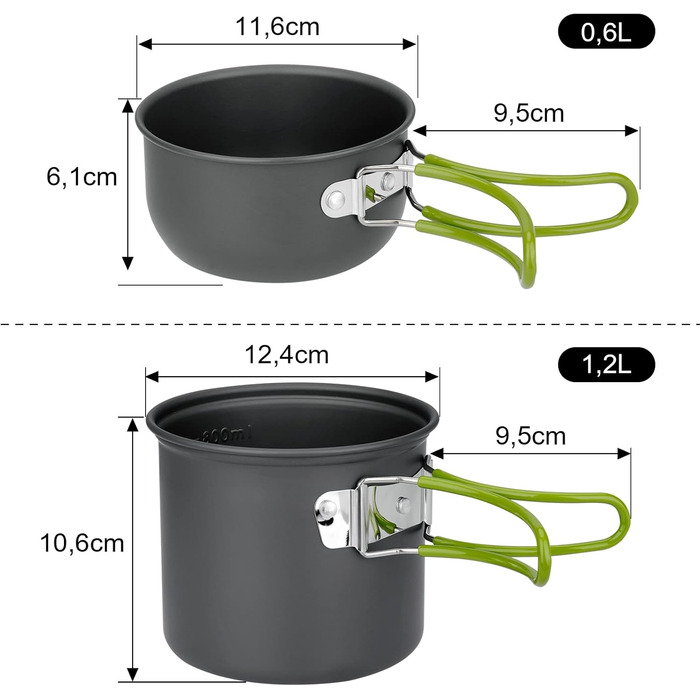 Набір кухонного посуду ERBO для кемпінгу, 2 особи: каструля з алюмінію, складане приладдя, для пікніків, риболовлі та походів (зелений)