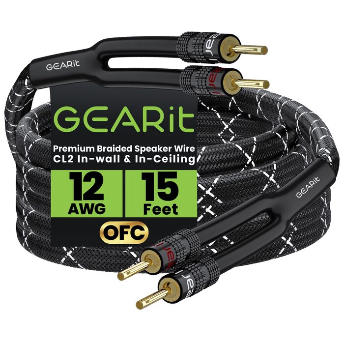 Акустичний кабель GEARit OFC 14 AWG HiFi для колонок, 2-жильний з позолоченими банановими роз'ємами, 4.57 м, чорний (2 шт. у комплекті)