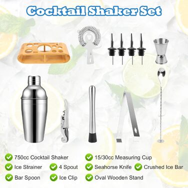 Набір для коктейлів 12 шт. з нержавіючої сталі з барним аксесуаром, 750 мл, повний набір бармена для дому або бару