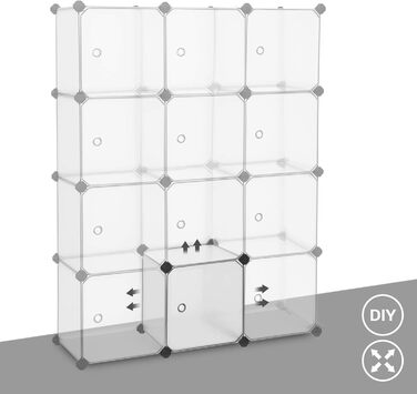 SONGMICS Regal System, Shoe Rack, Set of 16 Cubes, Plastic Closet Organizer with Doors, Plug-in Shelf, Storage for Clothes, Shoes, and Books, Easy Assembly, LPC443G01 (12 Cubes (93B x 123H cm), White)
