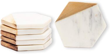 GoCraft Coasters made of marble and mango wood, handcrafted, geometric, white. Marble coasters for drinks, wine glasses, beverages, cocktails, and bar glassware. Elegant home decor (Set of 6)