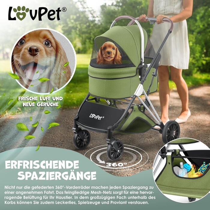 Візок для собак 3в1: візок-переноска, сумка-переноска, лежанка. Макс. вага 20 кг. Зручний, складний, з великими колесами, сітковими віконцями, дощовиком, тримачем для напоїв та м'якою підстилкою. Підходить для собак та котів (Khaki / Silver)