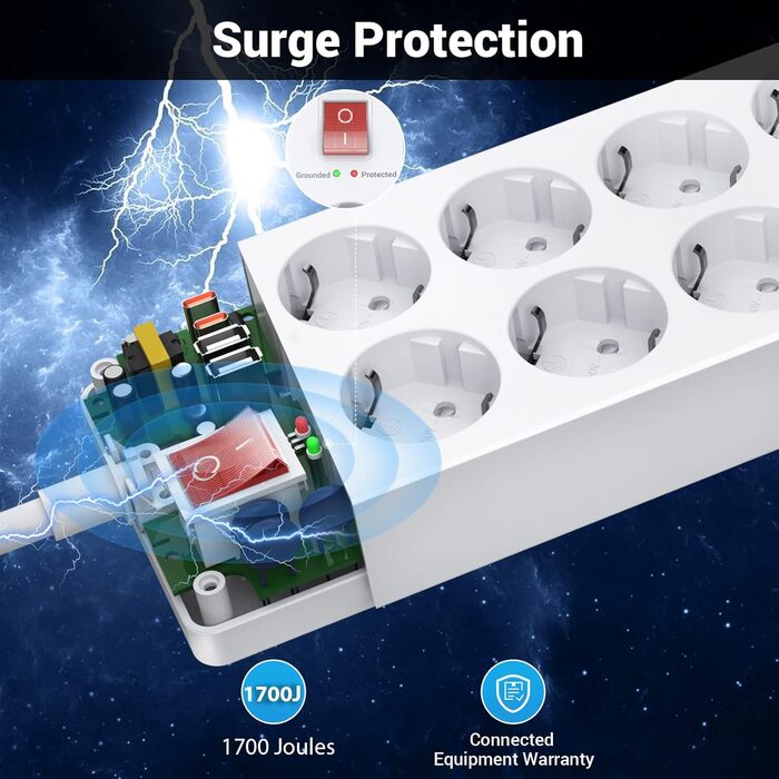 Мережевий фільтр 12-разовий з USB-C, перенапруження до 1700 Дж, з вимикачем, 4 USB-порти, 10 розеток, чорний, для кріплення на стіну, 1,5 м