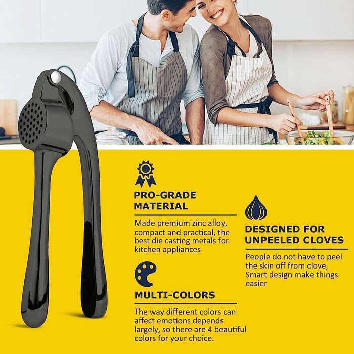 Преміум-прес для часнику з нержавіючої сталі - прес-подрібнювач часнику, подрібнювач та очищувач, набір, стійкий до миття в посудомийній машині та іржі (матова чорна поверхня)