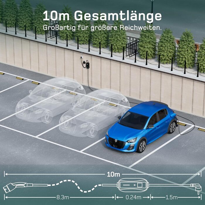 Кабель для зарядки електромобіля Schuko 3.68kW (1-фазний, 6-16A) з цифровим дисплеєм, 10м. Підходить для 3008/508, C5X, DS7, GLA, Q3, X3, ZOE, ID.3, ID.4 та інших PHEV/EV