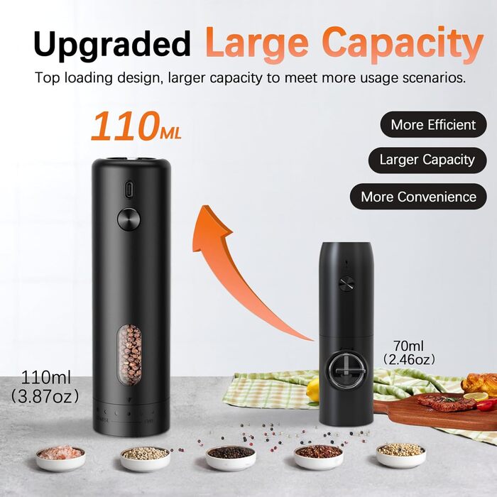 MERTTURM Electric Salt and Pepper Grinder Set with Stand, USB Rechargeable, Automatic Salt and Pepper Dispenser with Large Capacity, External Grind Adjustment for Kitchen (2-Piece Set)