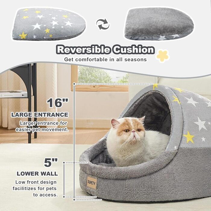 Jiupety Cat Cave, Cat House, Cat Basket, Cat Bed with Non-Slip Bottom, Cat Nest with Washable Removable Cushion, M (41 cm x 41 cm x 33 cm), (Gray, L 48 cm x W 43 cm x H 41 cm)