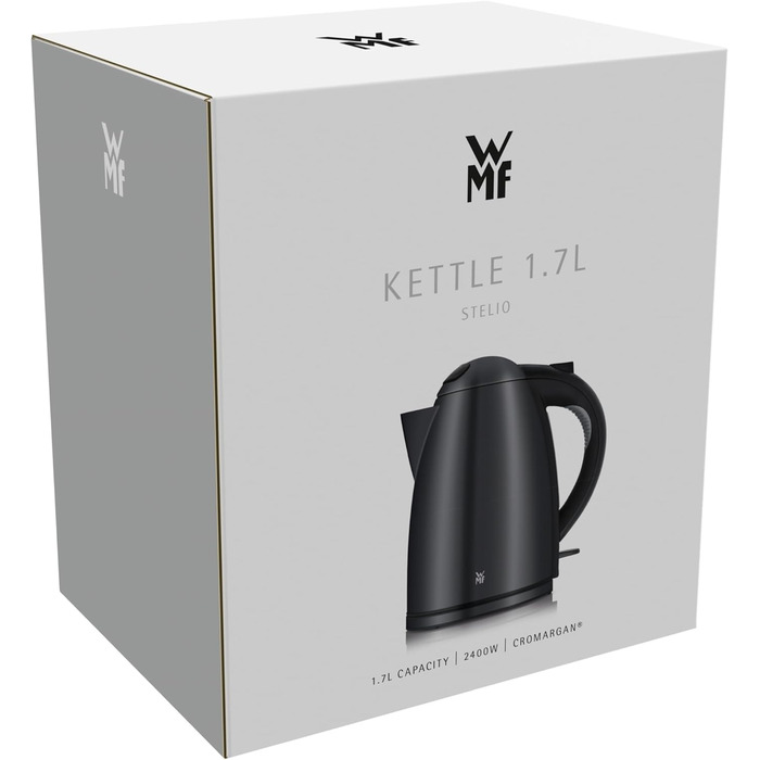 WMF Stelio Electric Kettle, Stainless Steel, 1.7L, Electric Kettle with Scale Filter, 2400 W, Illuminated Water Level Indicator, Matte Black Stainless Steel