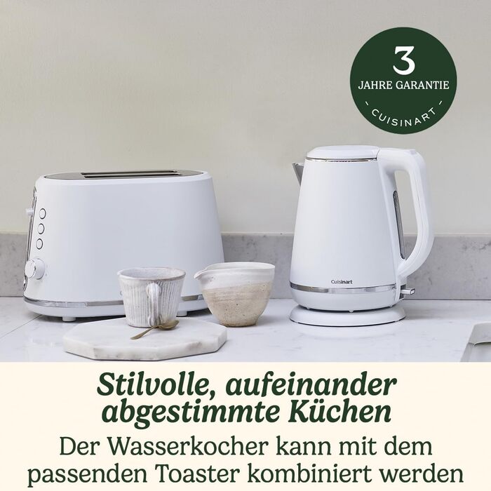 Електрочайник Cuisinart 1,5 л, 3000 Вт, білий, нержавіюча сталь, матове покриття, бездротовий, швидкий нагрів, для кухні, частина набору з тостером