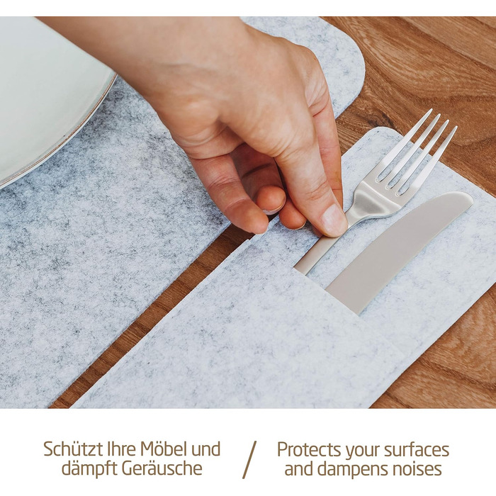 Felt Table Placemats - Set of 24 Table Coasters - Washable Felt Placemats - 8 Place Mats, Glass Coasters, Cutlery Pockets | Light Grey | Square Felt Coasters - Place Mats for Christmas