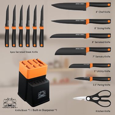 Набір кухонних ножів FIVE COWS з 14 предметів: професійний набір ножів для дому (Оранжевий)