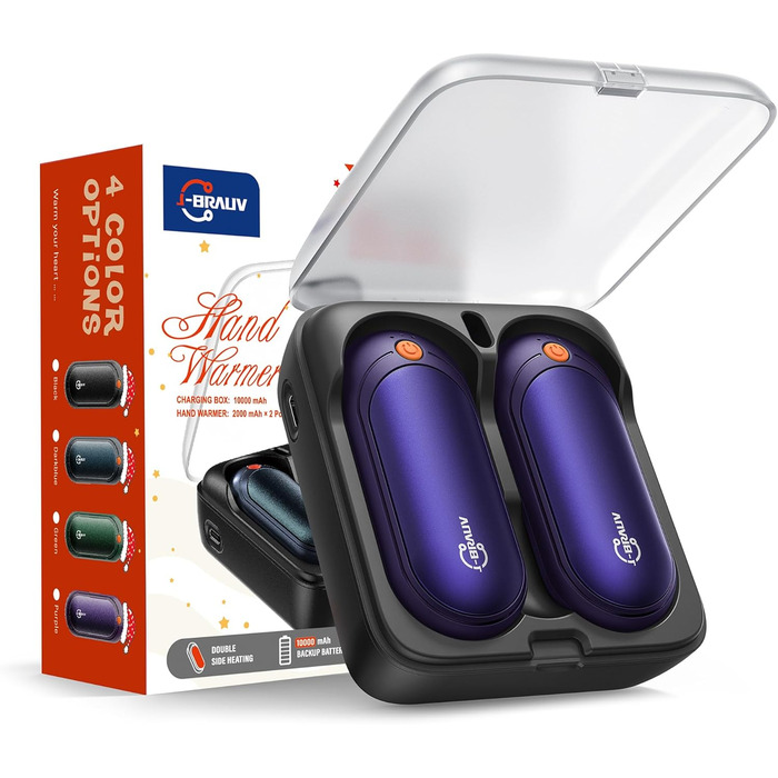 Електричні грілки для рук 2 шт. з акумулятором 2000mAh, зарядний пристрій 10000mAh, 5 режимів нагріву, USB, до 24 годин, для дітей, чоловіків, жінок, фіолетовий, компактний