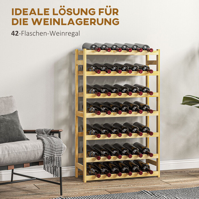 HOMCOM Wine Rack 63 x 25 x 102 cm for 42 Bottles with 7 Shelves, Freestanding Rack and Tip-Over Protection in Natural Wood Finish
