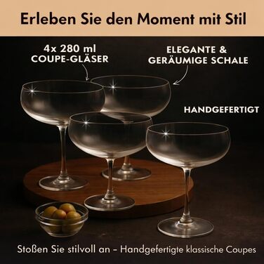 Набір з 4 елегантних келихів для Еспресо Мартіні Vemacity | Ручна робота | Келихи для шампанського, коктейлів, Маргарити | Ідеально для подарунка