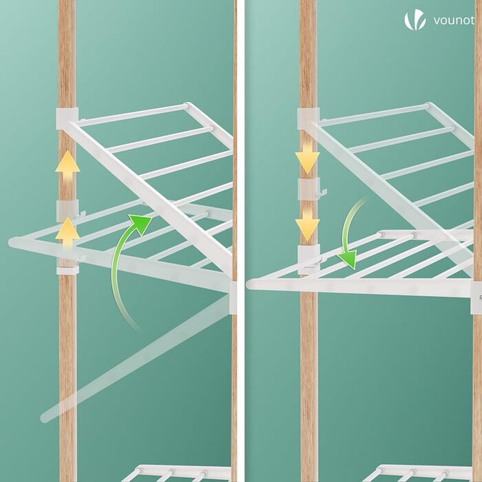 Сушарка для білизни VOUNOT Tower 3 рівні, складана, біла, з колесами - 25м, імітація дерева
