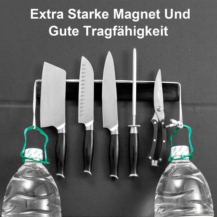 Improved 60cm Trhillsbrad Magnetic Knife Strip, 60cm Magnetic Knife Holder with 3 Hooks, Stainless Steel Knife Rail Self-Adhesive, Black Wall Mount Magnetic Strip No Drilling Knife Holder