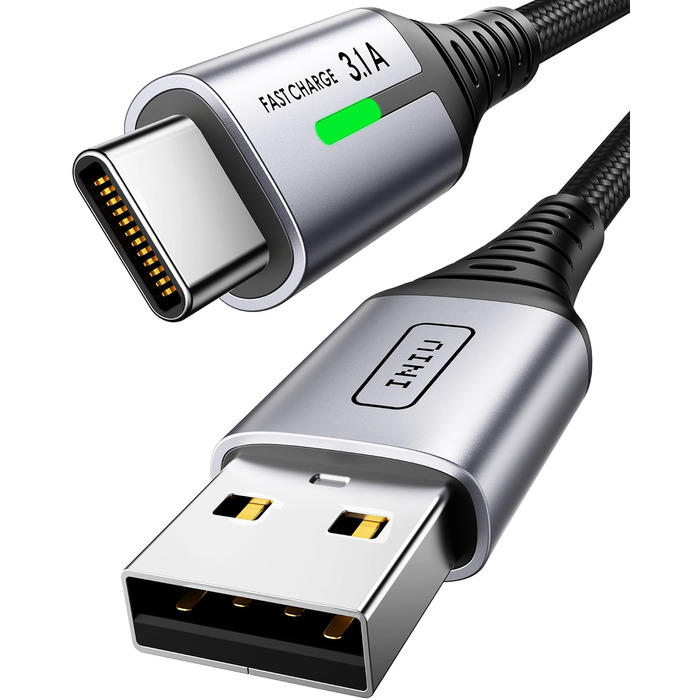 Кабель USB-C 2м з LED-підсвічуванням, швидка зарядка 3.1A, нейлон, чорний - сумісний з iPhone 15, Samsung Galaxy, Google Pixel