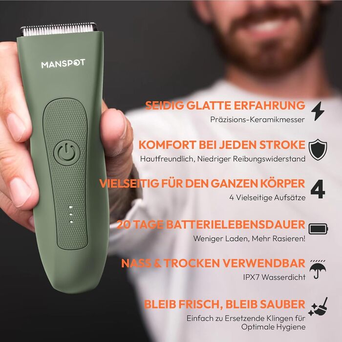 Триммер для тіла MANSPOT: чоловічий, вологостійкий, для інтимної зони, для тіла, для ніг, грудей, пахв, USB-C, для сухого та мокрого гоління