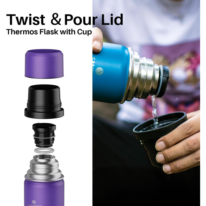 Термос-термокана з нержавіючої сталі SANTECO 1л, 500мл, 1000мл, з кришкою-чашкою, для дітей, спорту, без BPA, 24 год холод, 12 год гарячий (фіолетовий)