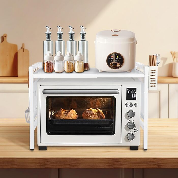 Поличка для мікрохвильової печі 3-ярусна з гачками, розширювана, висувна, 40-64 см, з вуглецевої сталі (біла з перфорованим листком, 42-68*36*46 см)