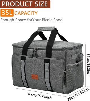 Термосумка 35L для пікніка та обідів: ізольована, водонепроникна, для кемпінгу, пляжу та BBQ