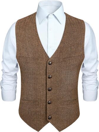 Жилет чоловічий HISDERN Vintage Tweed, скроєний для ділового стилю та вечірніх подій, з кишенями, темно-сірий (L, Коричневий-1)