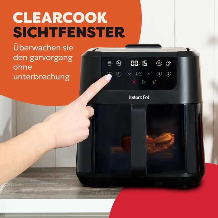 Фритюрниця повітряна Instant Pot Vortex Compact Trüffel Grau 5 л з сіткою, сімейна, 4-в-1: фритюрниця, сушарка, духовка, підігрівач, антипригарне покриття, легко мити, придатна для миття в посудомийній машині, колір Трюфель (5 л, чорний)