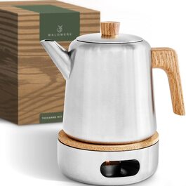 Чайник для заварювання чаю WALDWERK із ситечком, двостінний з нержавіючої сталі 304, з ручками з дуба та підставкою для підігріву, герметичний