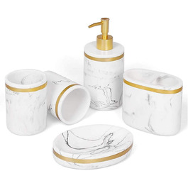 Набір аксесуарів для ванної кімнати 5 шт. з імітацією мармуру (білий + золото/чорний), включає: дозатор мила, стакан для зубної щітки, мильниця, тримач для зубних щіток, набір для ванної кімнати