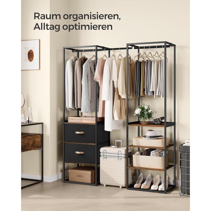 SONGMICS Clothes Rack, Open Wardrobe, Sturdy Coat Rack with 1 Extendable Rod, 2 Drawers, 4 Shelves, for Bedroom, Space-Saving, RGR003W67 (Vintage Brown)