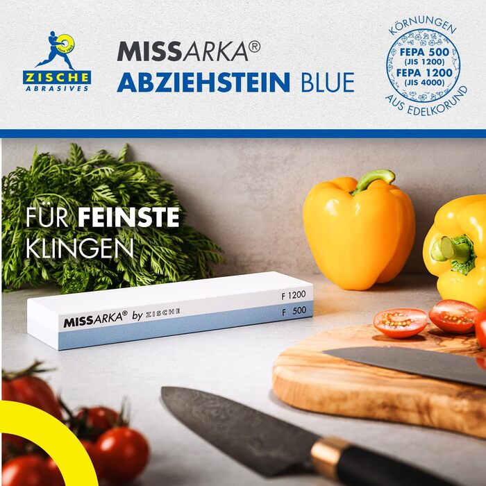 Точило для ножів Zische Missarka Blue - професійне з каменю з корунду, 200x60x25 мм, 2 зернистості FEPA 500/1200