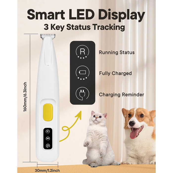 Триммер для собак та котів Pfotentrimmer з LED-підсвічуванням – 18 мм, тихий (35 dB), водонепроникний, акумуляторний – для лап, вух, обличчя та хвоста (білий)
