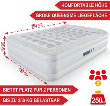 Надувне ліжко самонадувне - для 2 осіб - 203 x 152 x 46 см - з електричним насосом - надувне ліжко для гостей, надувається за 3-5 хвилин - вбудована подушка (Білий)